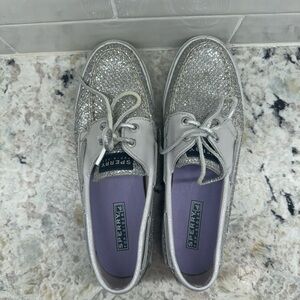 Silver Glitter and silver leather Sperry’s Size 8